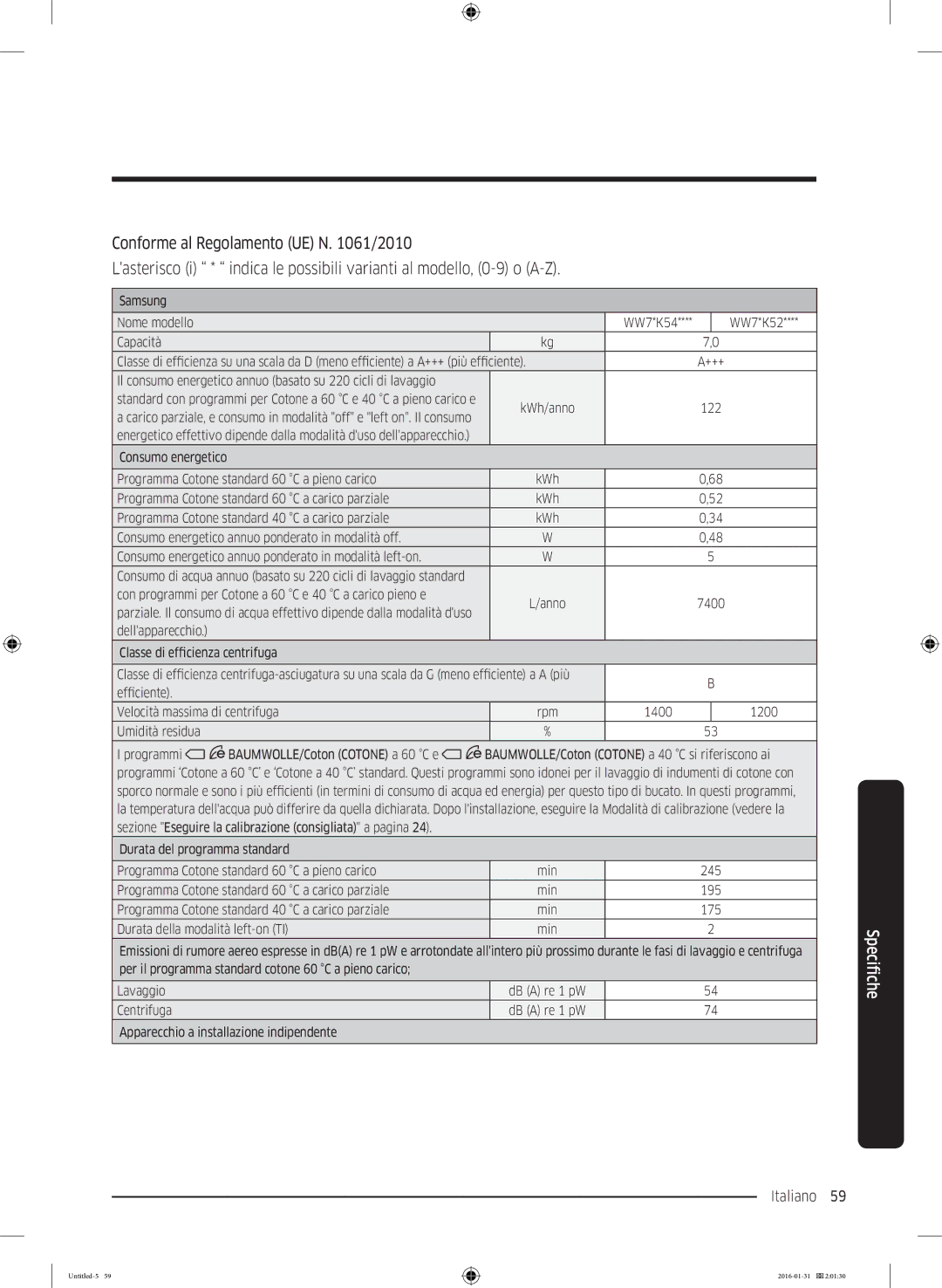 Samsung WW80K5400UW/EG, WW90K5400UW/EG, WW80K5400WW/EG manual Italiano 59  